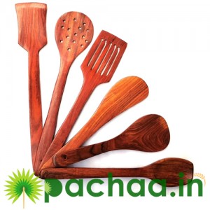 Wooden Serving and Cooking Spoons - Sheesham Red Wood Spoons Kitchen Utensil - Kitchen Tools - (Set of 6)
