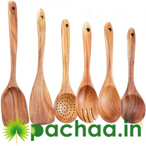 Wooden Serving and Cooking  POLISHED BROWN NEEM WOOD Spoons Set | Wood Spoons/Spatula for Cooking - Kitchen Tools - (Set of 6)